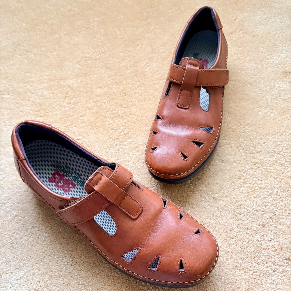 SAS Womens Medical Diabetic Approved Brown‎ Leather T Strap Walking Shoe Sz10N